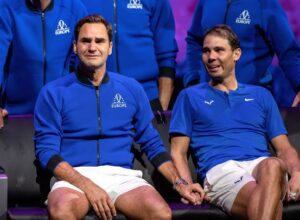 Rafael Nadal and Roger Federer involved in a heated confrontation.

